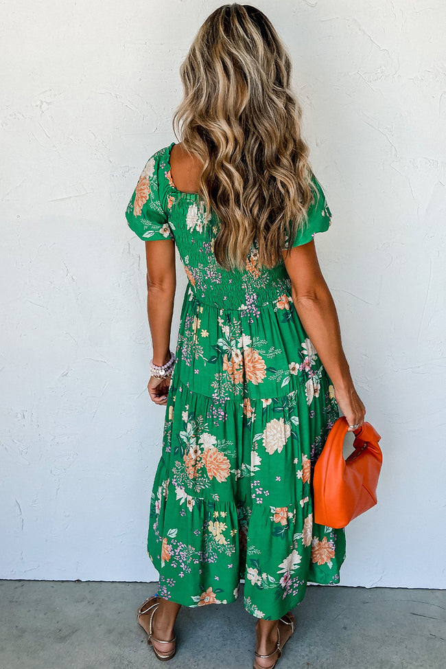 Green Floral Print Bubble Sleeve Smocked Tiered Midi Dress Main Image